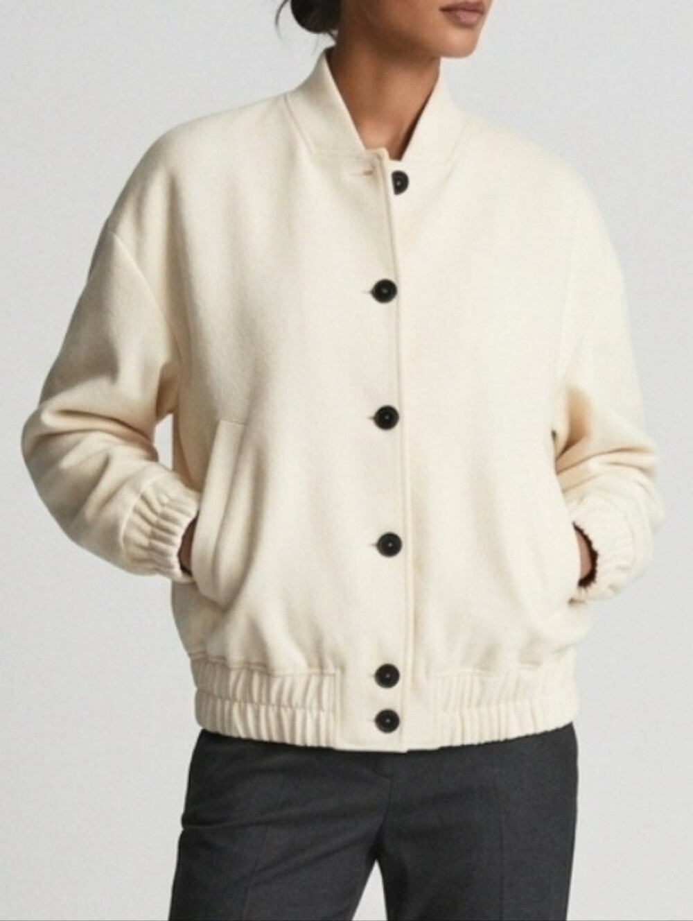 Cream Button-Front Bomber Jacket for Women